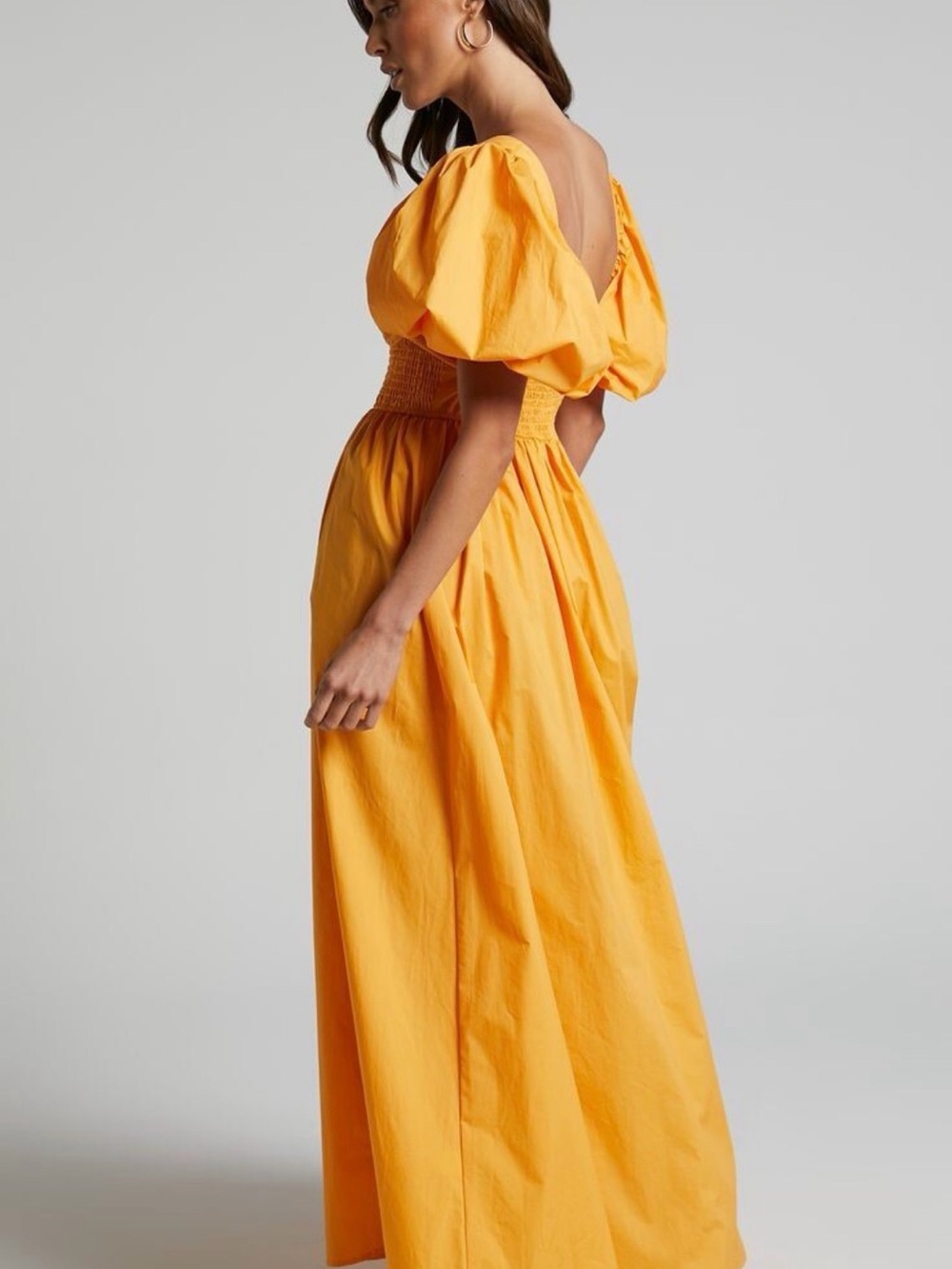 Showpo Raiza Smocked Shirred Waist Puff Sleeve Maxi Dress Marigold - Picture 2 of 14
